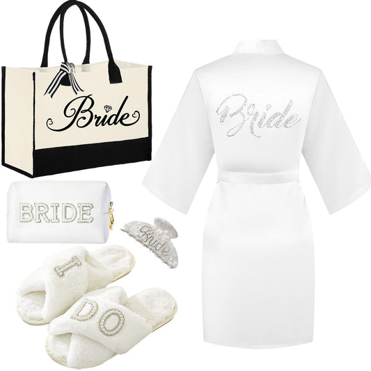 Tkifoda Bride to Be Gifts, Bridal Shower Gifts, Wedding Gifts, Bride Tote Bag Bride Makeup Bag Bride Robe Bride Slippers Bride Hair Clip I Do Slippers Wedding Robe Bride Cosmetic Bag