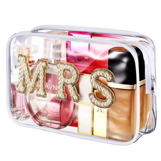 Bride Bag Clear Makeup Bag Bride Gift Cosmetic Bag Mrs Pearl Bags Bachelorette Toiletry Bag Wifey Makeup Pouch Rhinestone Letter PVC Cosmetics Bag Travel Case Wifey Purse Portable Bag(MRS Style)
