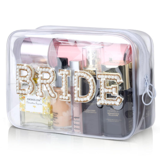 Etercycle Bride Clear Makeup Bag, Bridal Shower Gifts Engagement Cosmetic Bag, Bling Pearl Rhinestone Letter Patches Waterproof PVC Travel Organizer for Women Wedding Bachelorette Party (Gold)