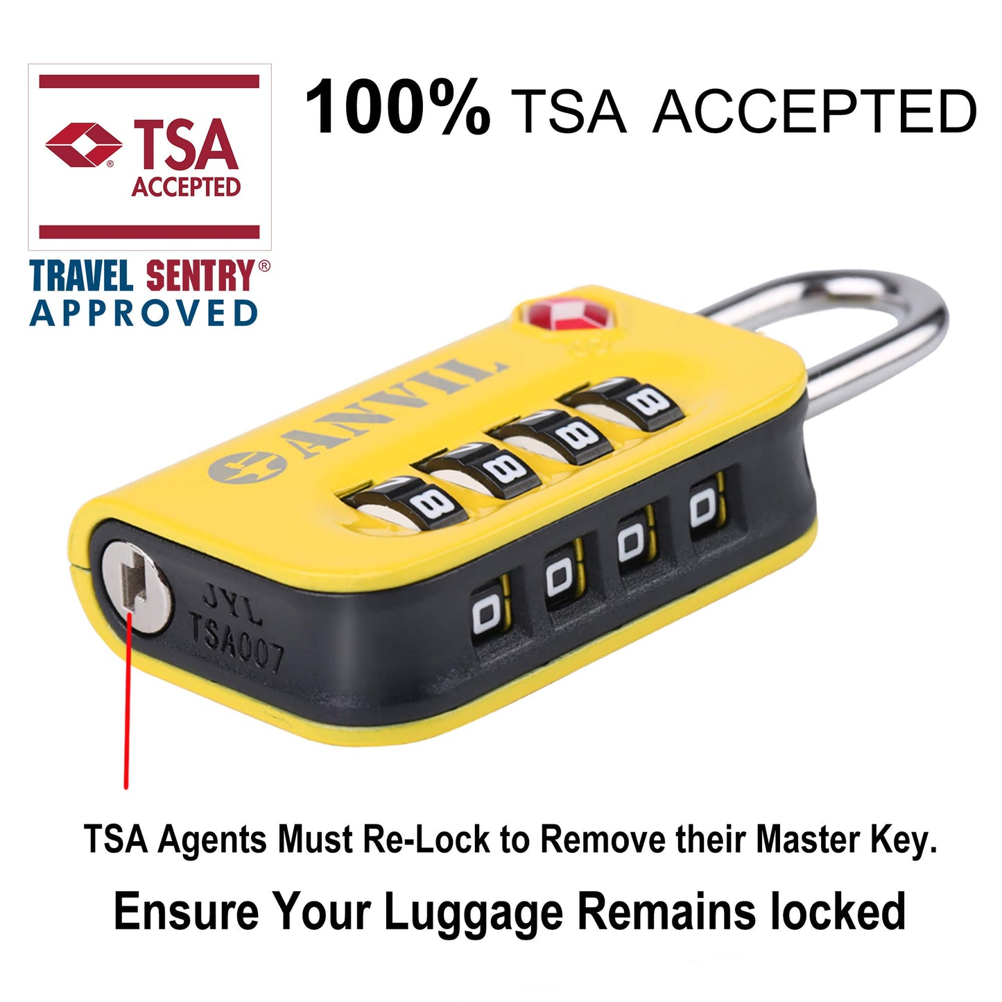 ANVIL TSA Approved Luggage Lock - 4 Digit Combination, 10,000 Combinations, Easy-Read Password Window, Travel Lock for Suitcases, Backpacks, Gym & Student Lockers, Baggage(Yellow 2 Pack)