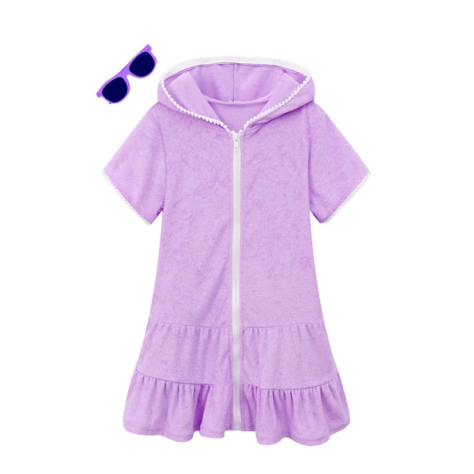 LUCKYGAL Purple Girls Swimsuit Cover Up Kids Swim Coverup Terry Zip-Up Beach Pool Wraps,3t 4t