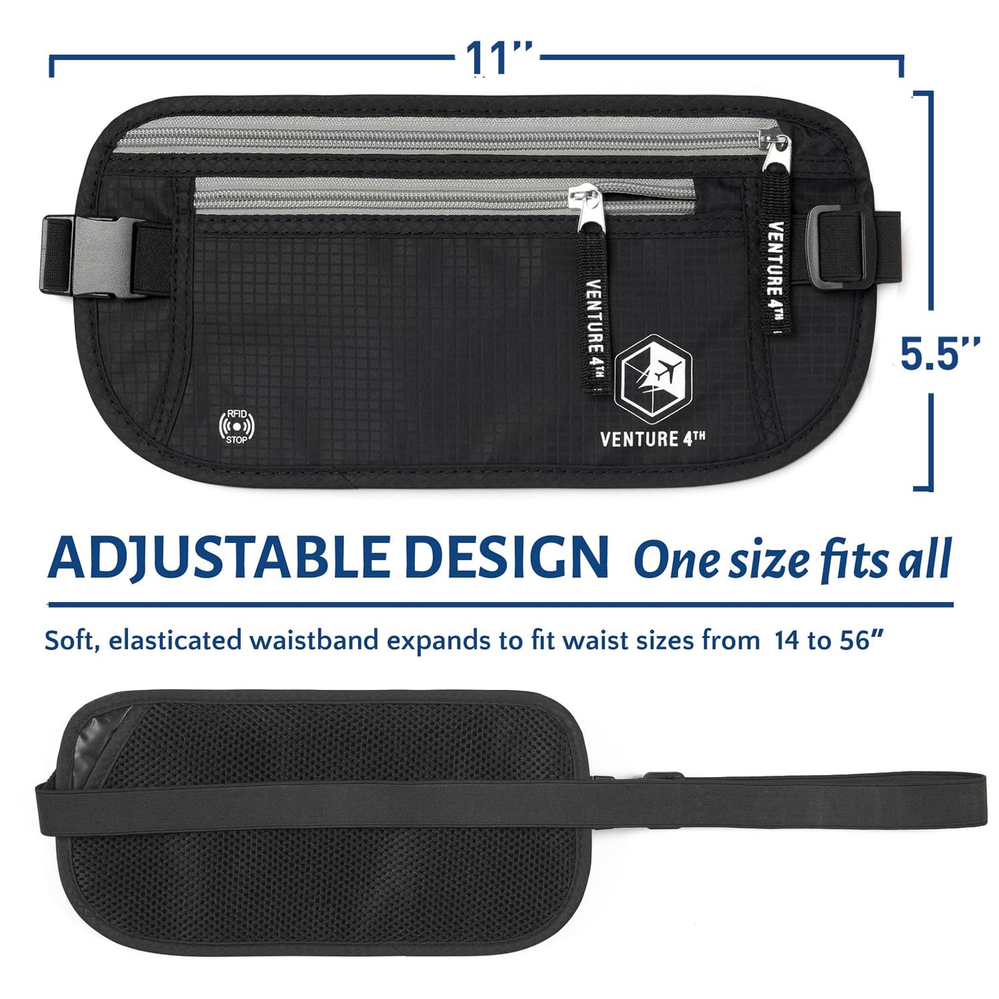 Slim Minimalist Design Money Belt, RFID Blocking for Men & Women - Ideal for Keeping Your Cash, Credit Card, Passport, Phone Safe When Traveling (Black)