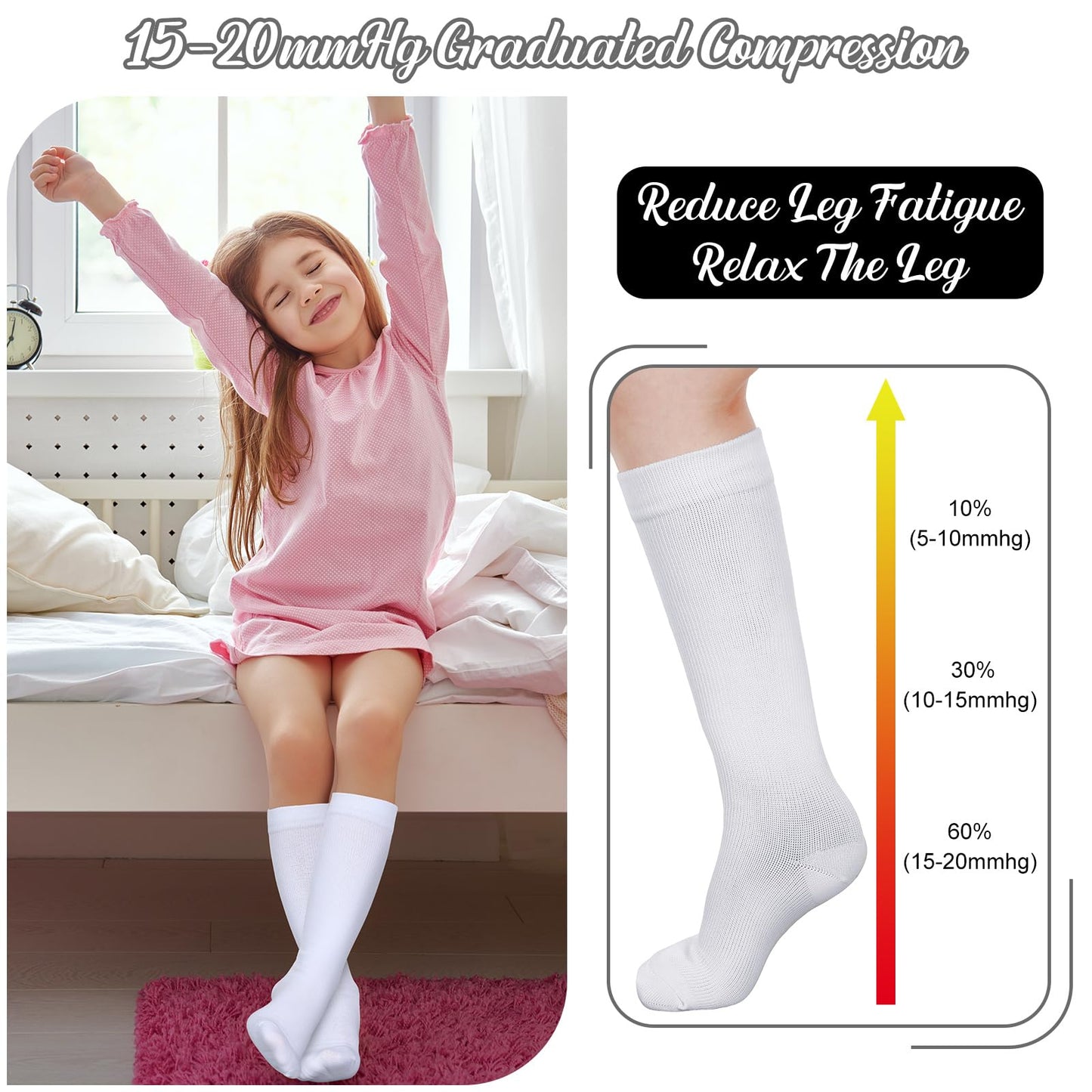 Tisancy 4 Pairs Kids Compression Socks 15-20 mmHg Knee Length Compression Stockings Graduated Compression Socks for Kids (Black, White,Solid Style)