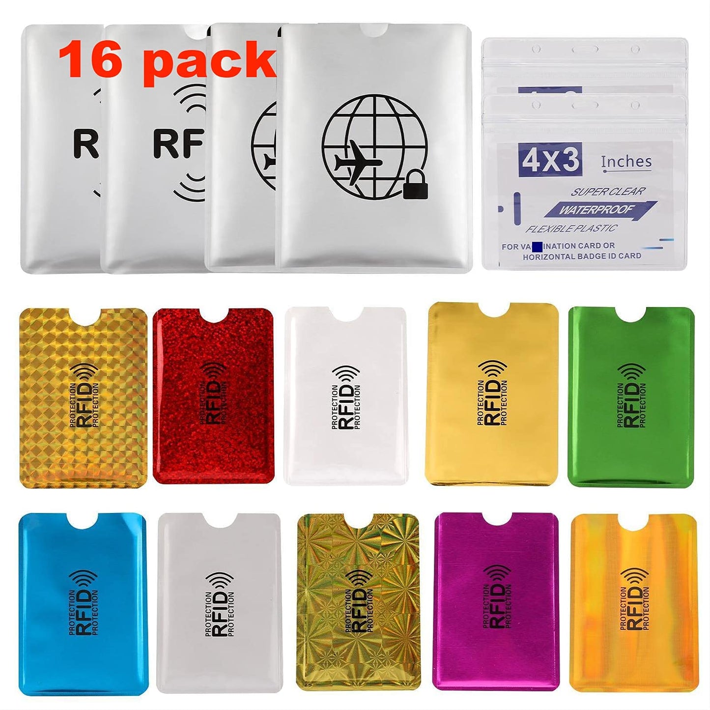 Luumxai 16 RFID Blocking Sleeves Set (10 Credit Card Holders & 4 Passport Protectors) Identity Theft Protection Secure Sleeves Set.Waterproof aluminum foil slim Design easily into your Wallet