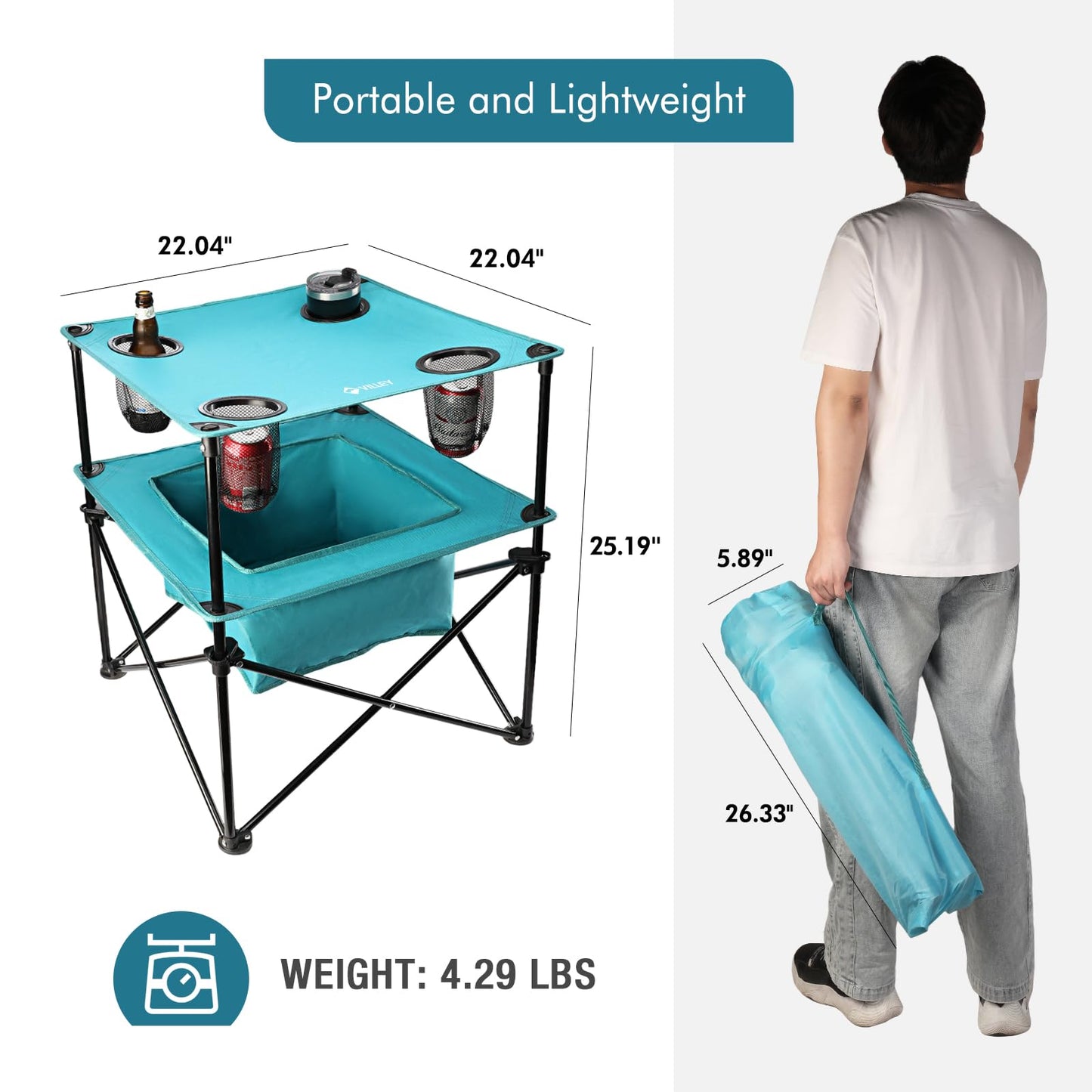 VILLEY Portable Camping Picnic Table, Lightweight Folding Beach Table with 4 Cup Holders and Carry Bag for Camp, Travel, Fishing, and Outdoor Activities