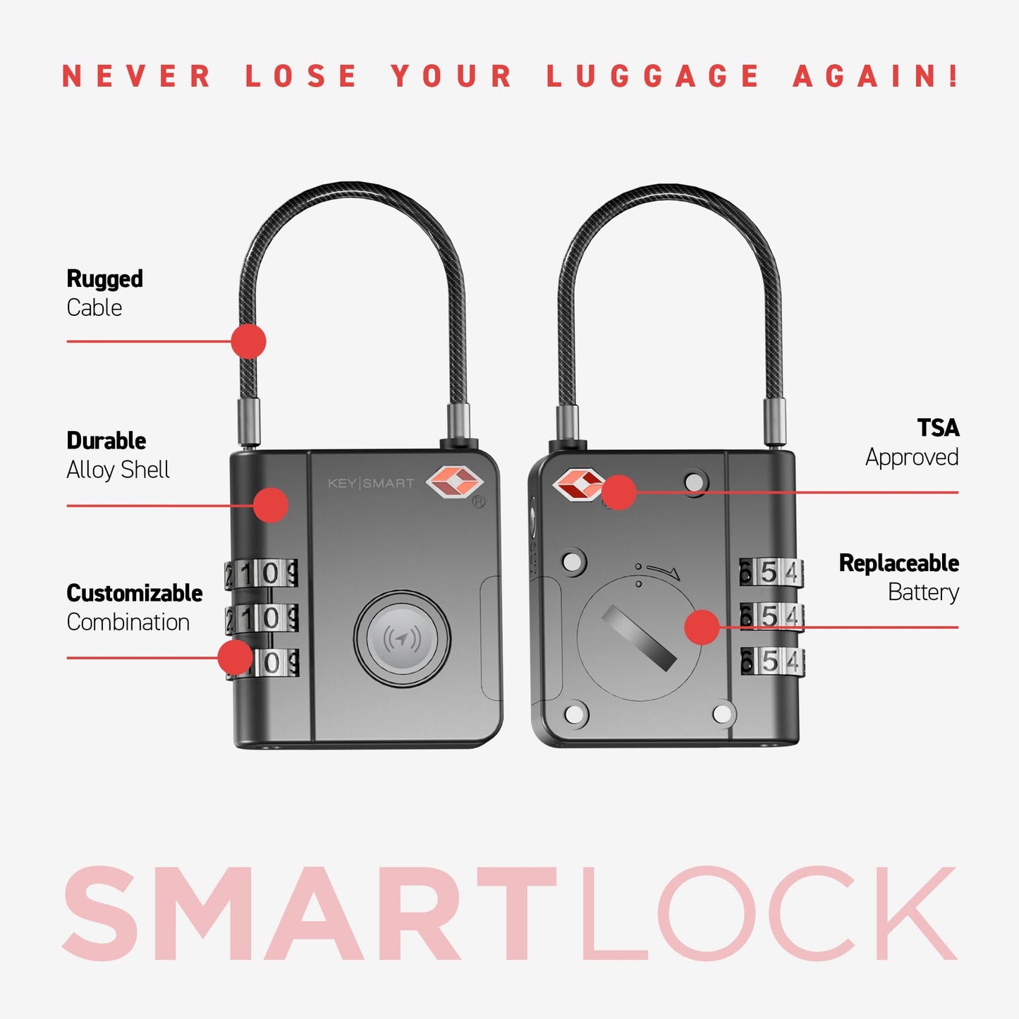 KeySmart SmartLock Tracking Luggage Locks TSA Approved - Compatible with Apple Find My App, Bluetooth GPS Tracker, Water Resistant, Lock Your Suitcases and Keep Track of it