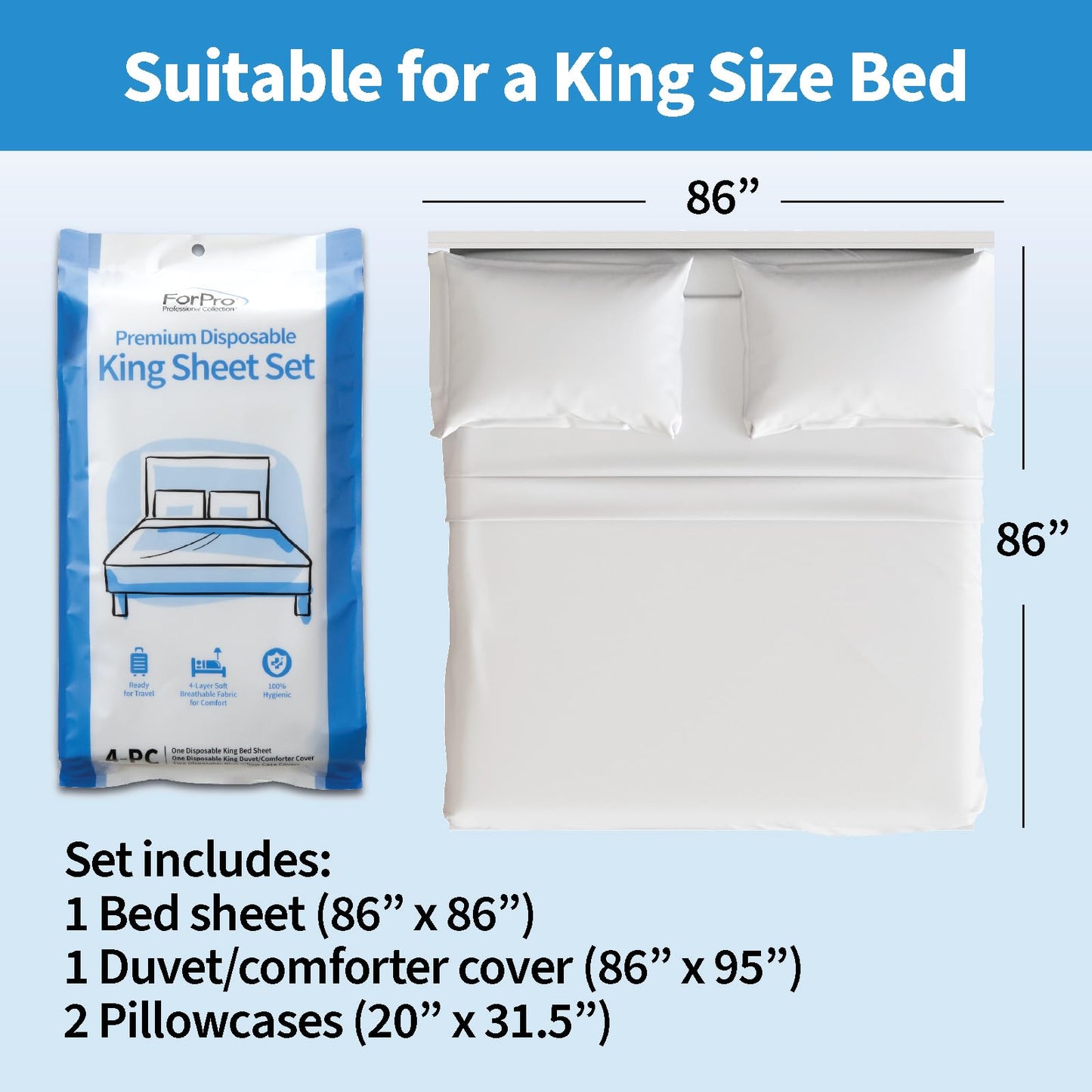 ForPro Premium Disposable Sheet Set, 4-PC King Size Bedding for Travel, Includes Bed Sheet, Duvet Cover and Two Pillowcases, White