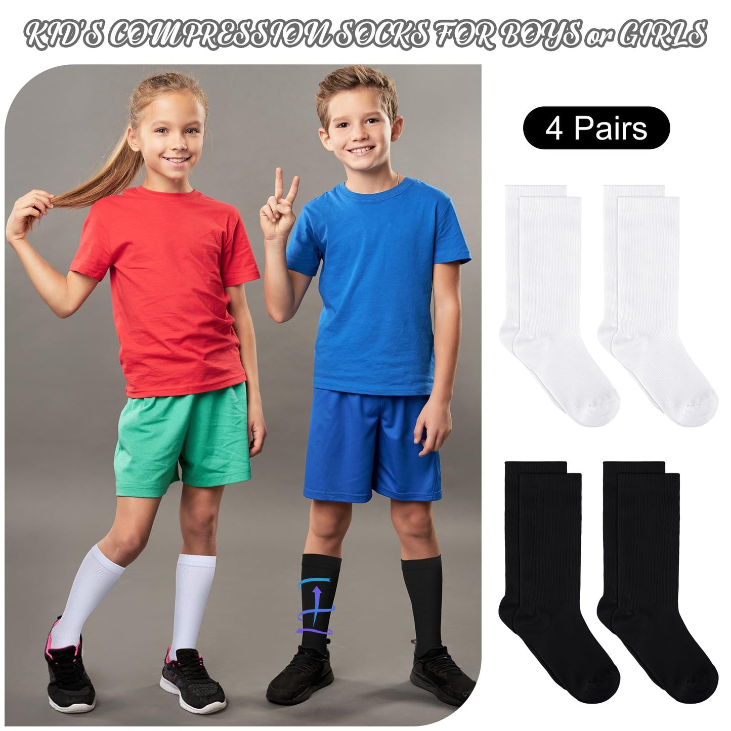 Tisancy 4 Pairs Kids Compression Socks 15-20 mmHg Knee Length Compression Stockings Graduated Compression Socks for Kids (Black, White,Solid Style)