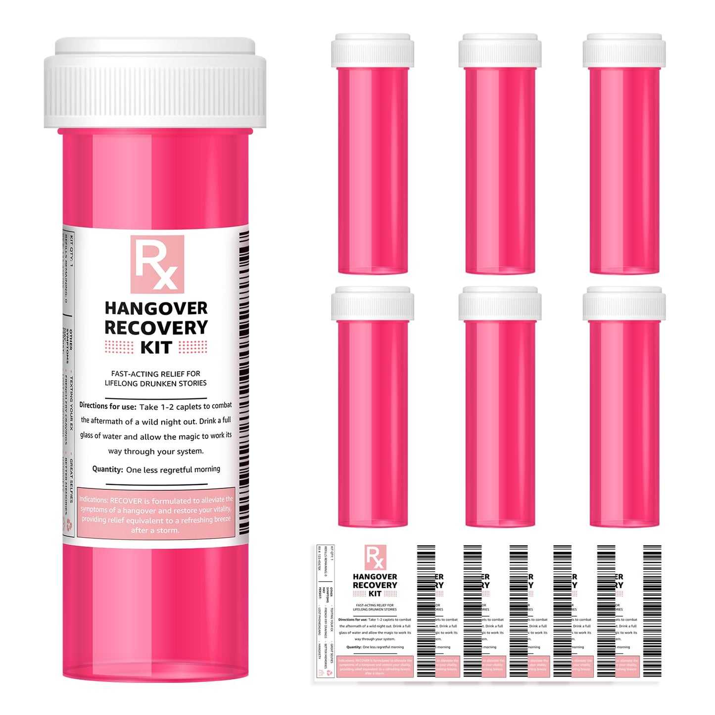 Bachelorette Party Favors, 6 Pack Hangover Kit Pink Pill Bottles, Perfect Hangover Recovery Kit for Bride Emergency on Wedding Day, Girls Night Out, 21st Birthday Party Supplies