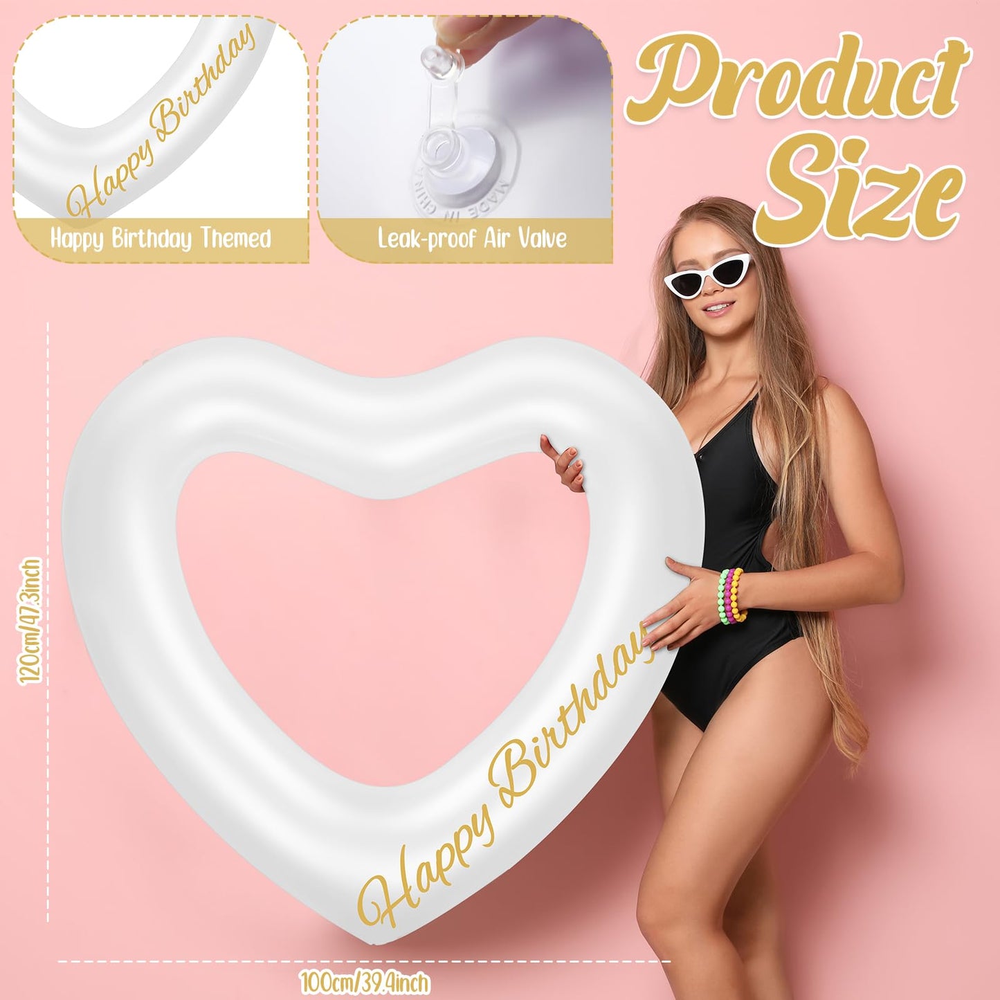 WinnerWhy 47.3 x 39.4 Inch Birthday Heart Pool Float Heart Shaped Inflatable Pool Floatie Swim Tube Rings Floating Pool Decorations for Summer Teens Adults Water Beach Swimming Party (Gold)