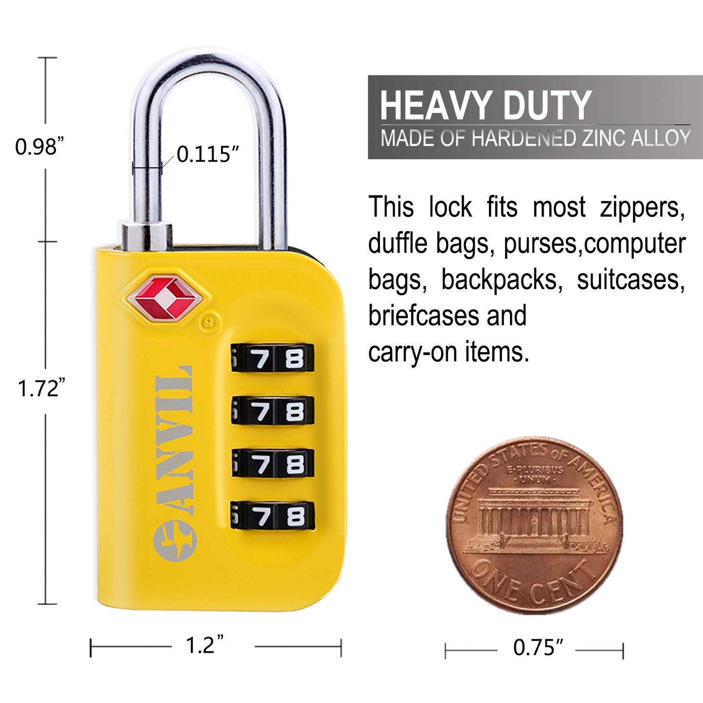 ANVIL TSA Approved Luggage Lock - 4 Digit Combination, 10,000 Combinations, Easy-Read Password Window, Travel Lock for Suitcases, Backpacks, Gym & Student Lockers, Baggage(Yellow 2 Pack)