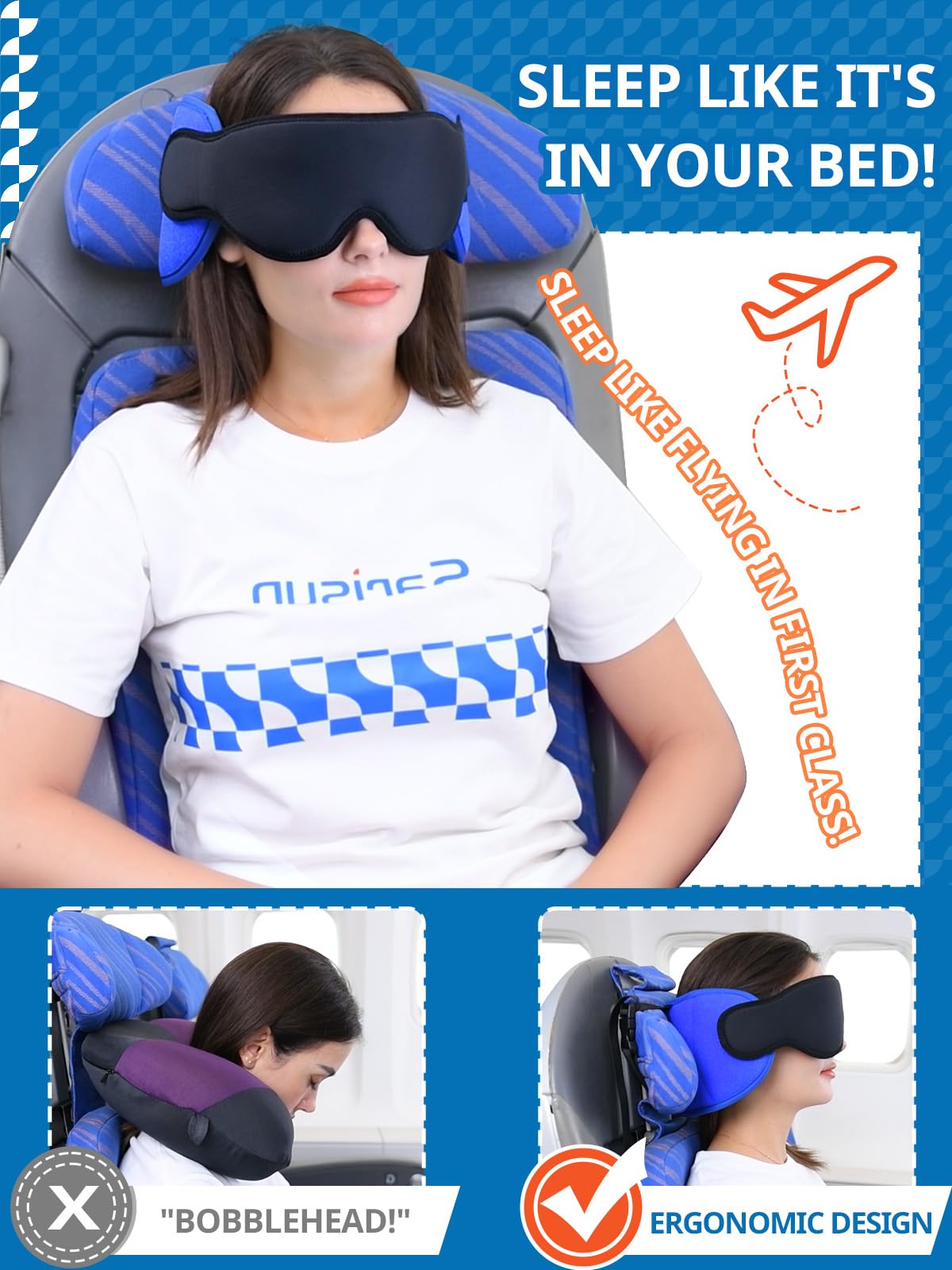 SARISUN Travel Pillows for Airplanes, Airplane Pillow for Long Flight, Airplane Head Strap with Eye Mask for Sleep, Travel Neck Pillow for Car Road Trip, 360° Support Headrest, Stop Bobblehead, Black