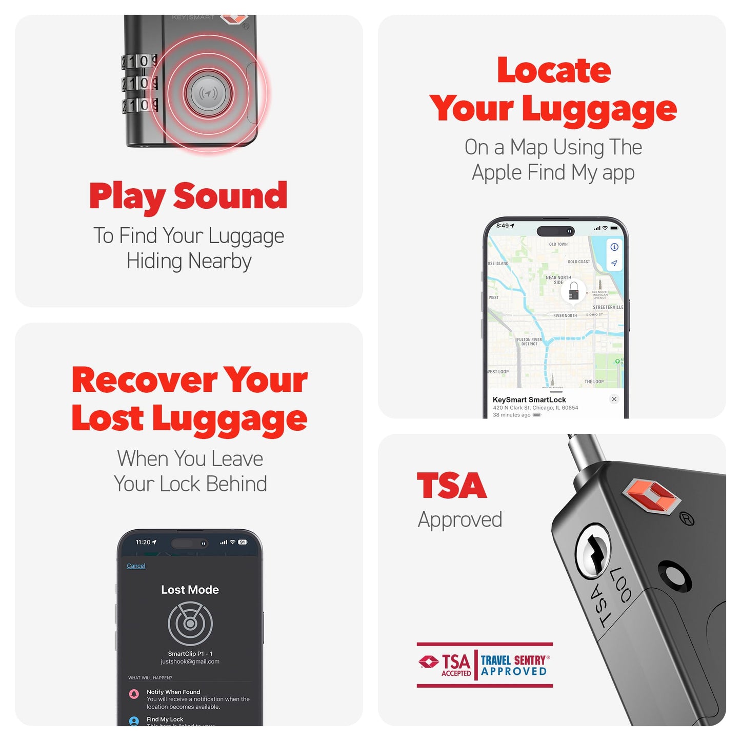 KeySmart SmartLock Tracking Luggage Locks TSA Approved - Compatible with Apple Find My App, Bluetooth GPS Tracker, Water Resistant, Lock Your Suitcases and Keep Track of it