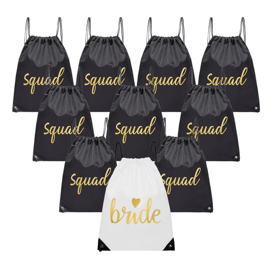LADY&HOME 10 Packs Bride and Bride Squad Drawstring Bags, Bridesmaids Gift Drawstring Bag for Bachelorette Party, Bridal Party(Black)