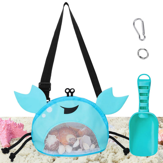 AMOR PRESENT Mesh Beach Bag for Kids, Shell Collecting Bag with Shovel Crab-Shaped Seashell Bag Adjustable Strap for Holding Shell Sea Pool Sand Toy, Blue