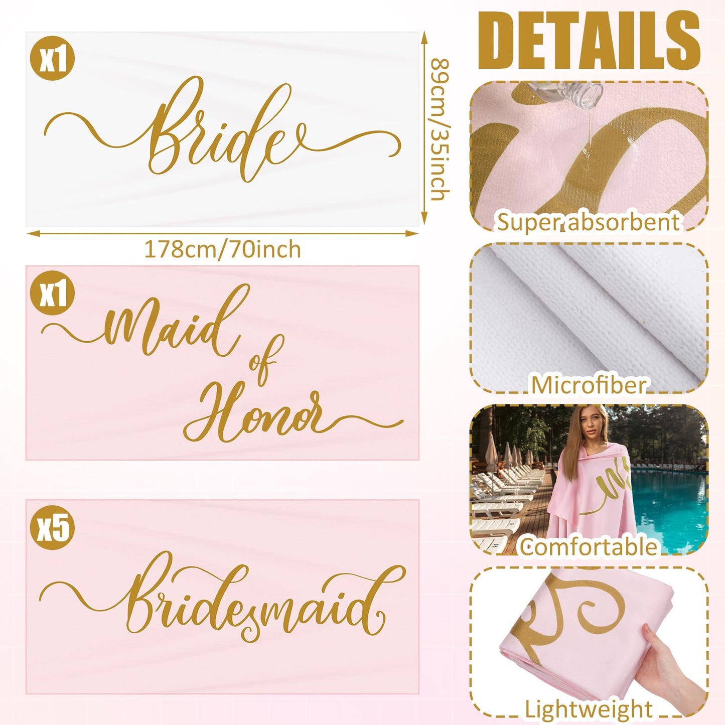 Newwiee Bridesmaid Beach Towels Bulk Bride Beach Towel Beach Bachelorette Party Supplies Bridal Shower Accessories Favors Wedding Party Favors, 35 x 70 Inch(White, Pink)