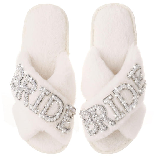 Fabstory Bride Slippers for Wedding Day White Fuzzy Slippers with Pearls for Bachelorette Party Bridal Shower Gifts White 6.5-7.5
