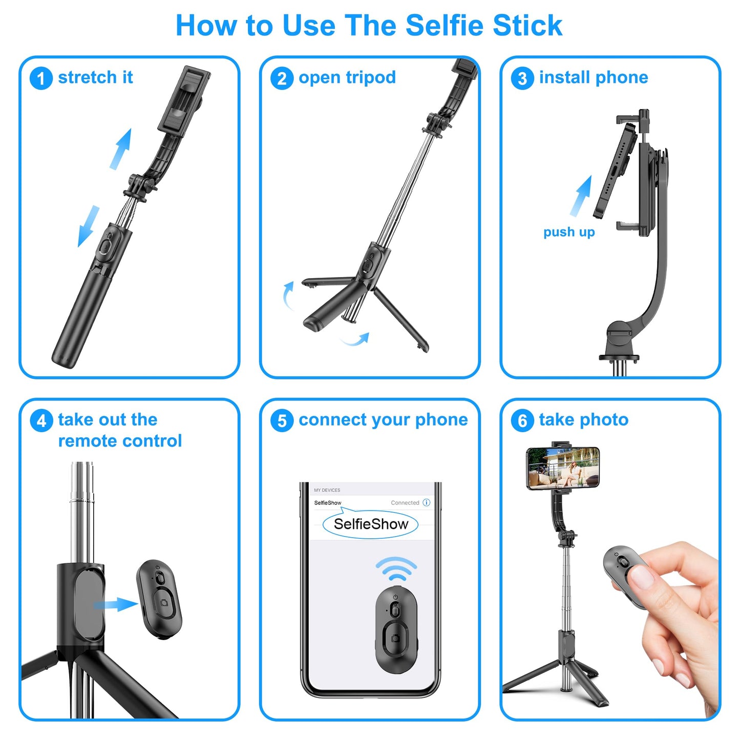 SelfieShow Selfie Stick, Extendable Selfie Stick Tripod with Wireless Remote and Tripod Stand, Portable, Lightweight, Compatible with iPhone 15 14 13 12 Pro Xs Max X 8Plus, Samsung Smartphone and More