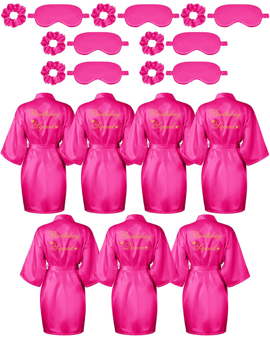 Neer 21 Pcs Women Birthday Party Robe Set Queen Squad Kimono Satin Bathrobes with Eye Mask and Scrunchie for Birthday (Rose Red)