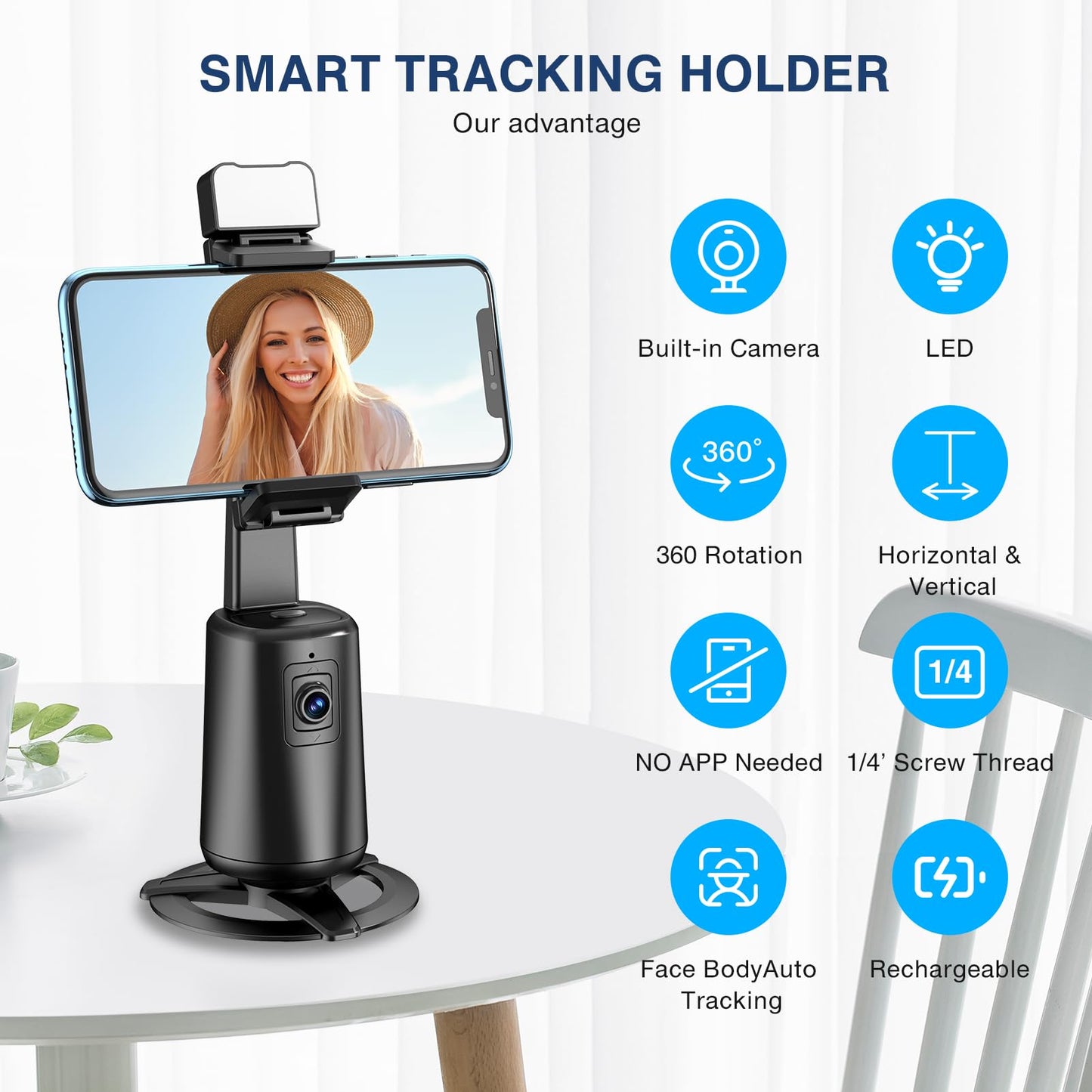 Auto Face Tracking Tripod 360° Rotating Auto Tracking Phone Stand, No App, Phone Camera Stand with Remote and Gesture Control, Rechargeable Smart Shooting Stand for Live Video Recording Tiktok（Black）