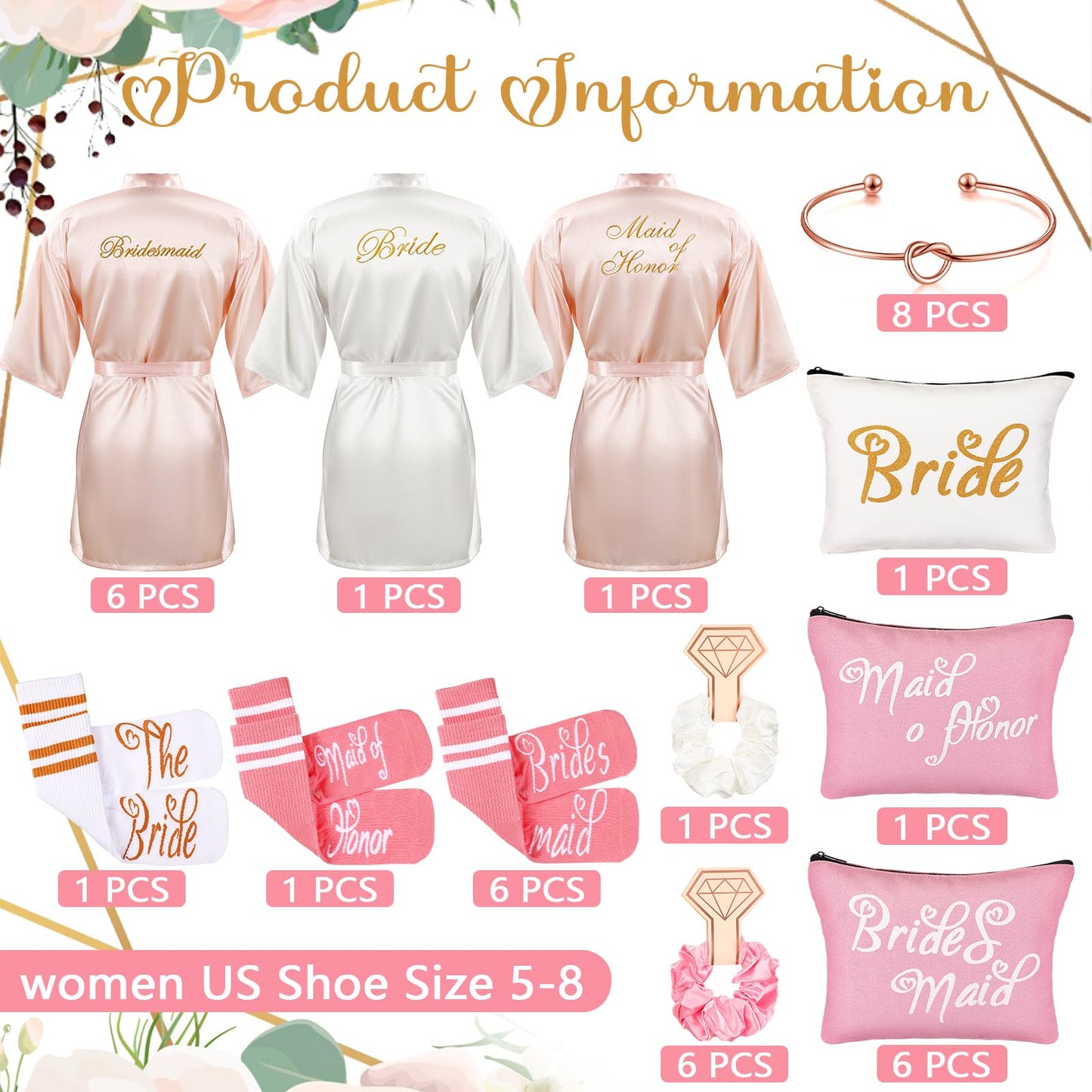 ramede 40 Pcs Bride Bridesmaid Robes Set Bridal Party Silk Satin Robes for Wedding Bridal Shower Bachelorette Party(Pink, White)