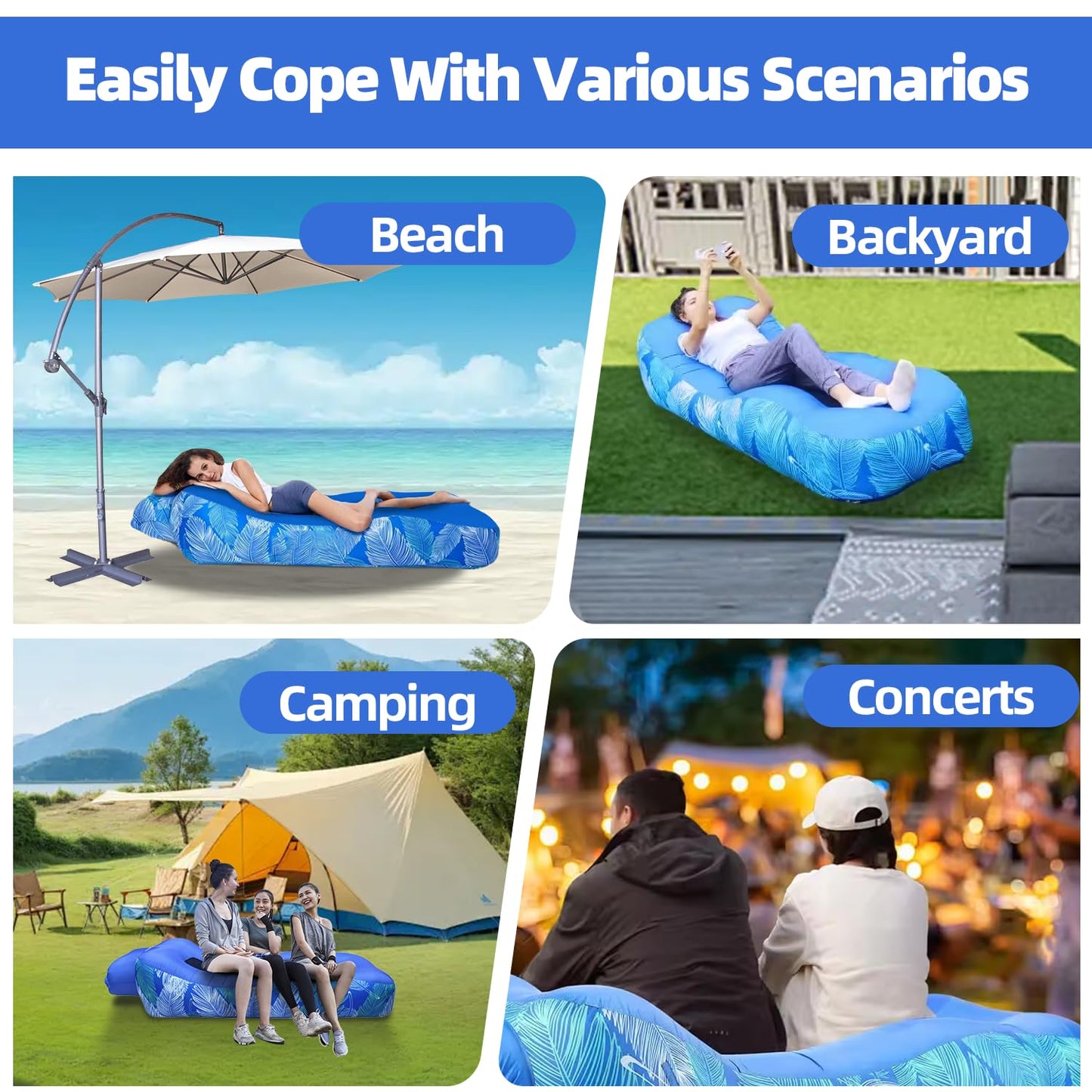 RZM Inflatable Lounger Air Sofa Chair with Sunshade, Camping & Beach Accessories, Portable Water Proof Couch for Hiking, Picnics, Outdoor, Music Festivals & Backyard, Easy to Set Up Inflatable Couch