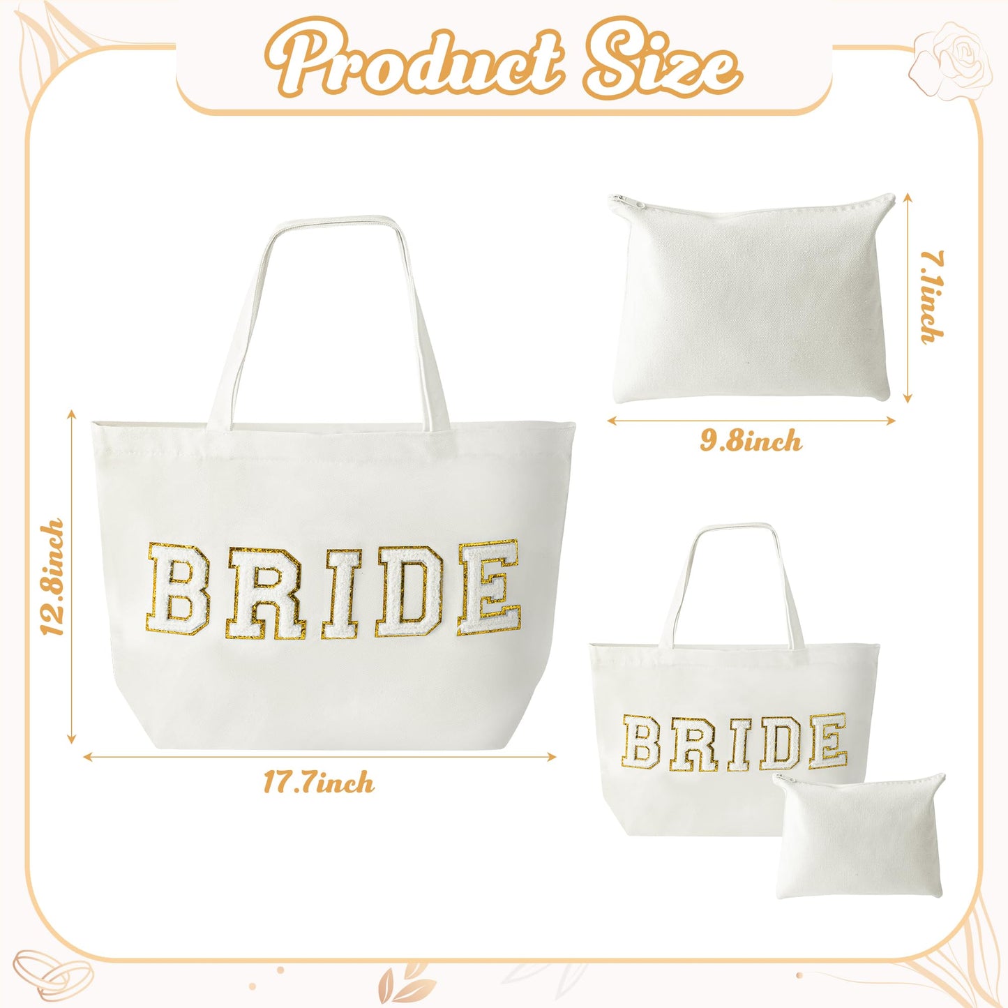 B1ykin 2Pcs Bride Chenille Letter Patches Canvas Tote Bag, White Bridal Shower Honeymoon Wedding Gift Bag with Zipper Pocket, Travel Handbag Zipper Pouch for Women Engagement Bachelorette Party