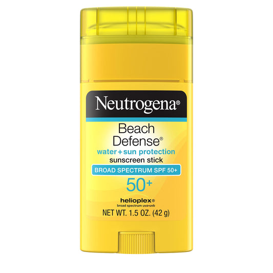 Neutrogena Beach Defense Water-Resistant SPF 50+ Sunscreen Stick, Broad Spectrum UVA/UVB Protection, PABA- & Oxybenzone-Free Face & Body Sunscreen Stick, Hands-Free Application, 1.5 oz