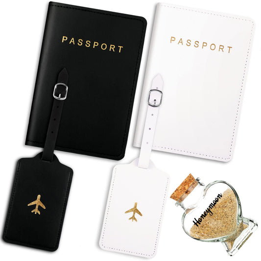 Weewooday 5 Pieces Mr and Mrs Passport Cover Holders And Luggage Tags Valentine's Day Gift Honeymoon Set with Sand Keepsake Jar Bridal Shower Gift for Wedding Engagement Newlyweds Couples(Cute Style)