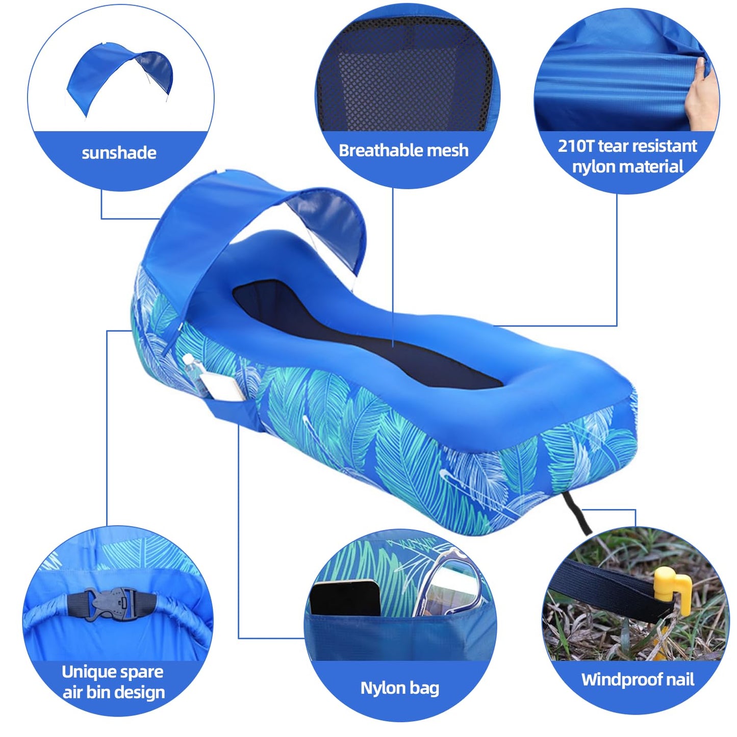 RZM Inflatable Lounger Air Sofa Chair with Sunshade, Camping & Beach Accessories, Portable Water Proof Couch for Hiking, Picnics, Outdoor, Music Festivals & Backyard, Easy to Set Up Inflatable Couch