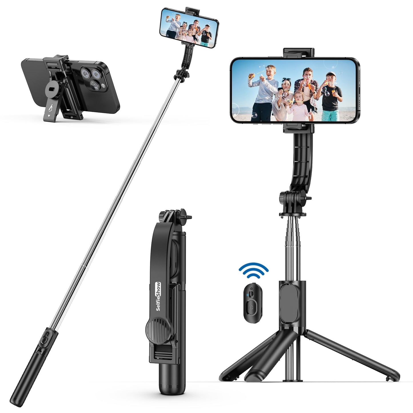 SelfieShow Selfie Stick, Extendable Selfie Stick Tripod with Wireless Remote and Tripod Stand, Portable, Lightweight, Compatible with iPhone 15 14 13 12 Pro Xs Max X 8Plus, Samsung Smartphone and More