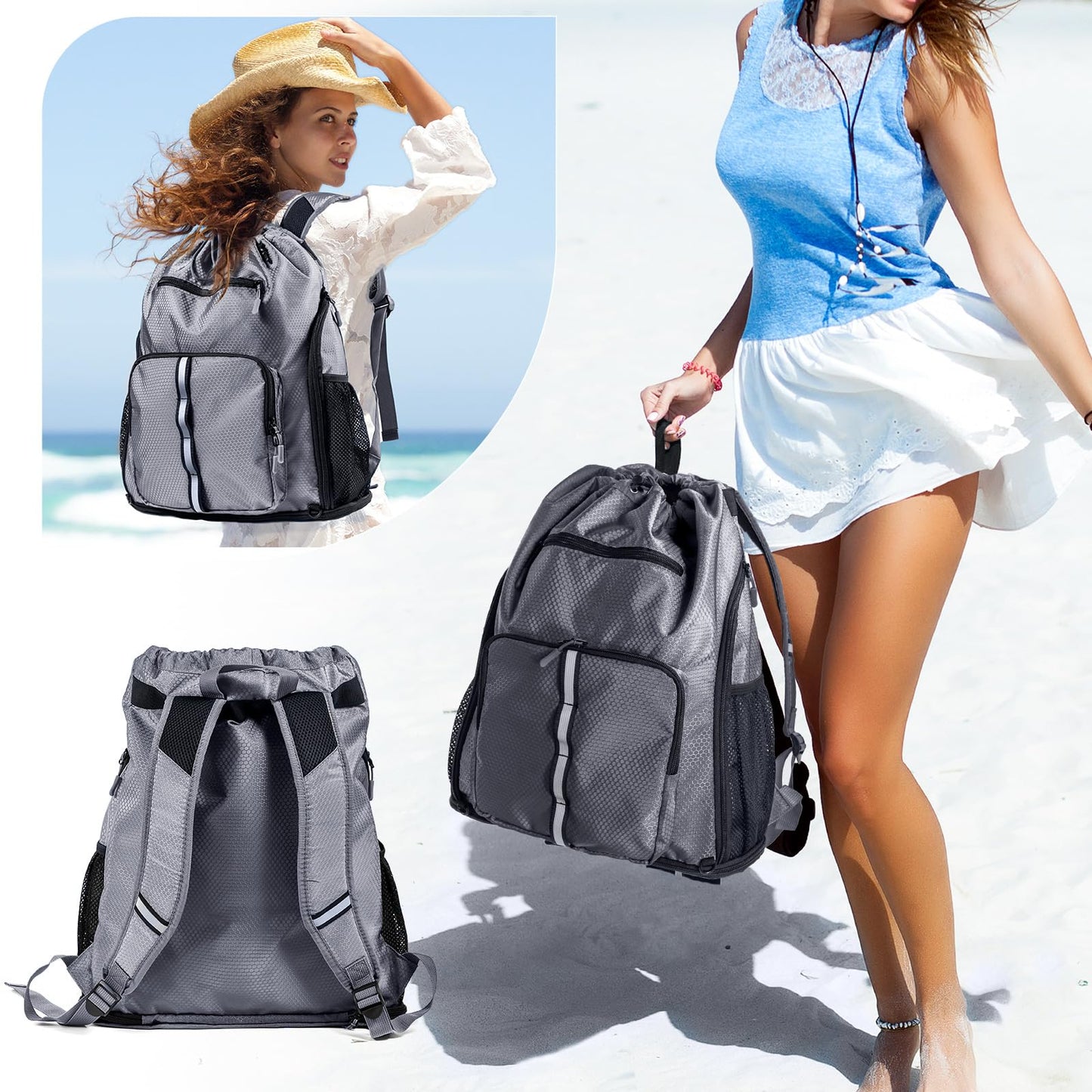 Large Beach Backpack Waterproof Sandproof - Customized Oversized Beach Bag with Shoe Compartment - Pool Bag Backpack with Pockets for Toiletries - Drawstring Backpack for Beach, Pool and Travel