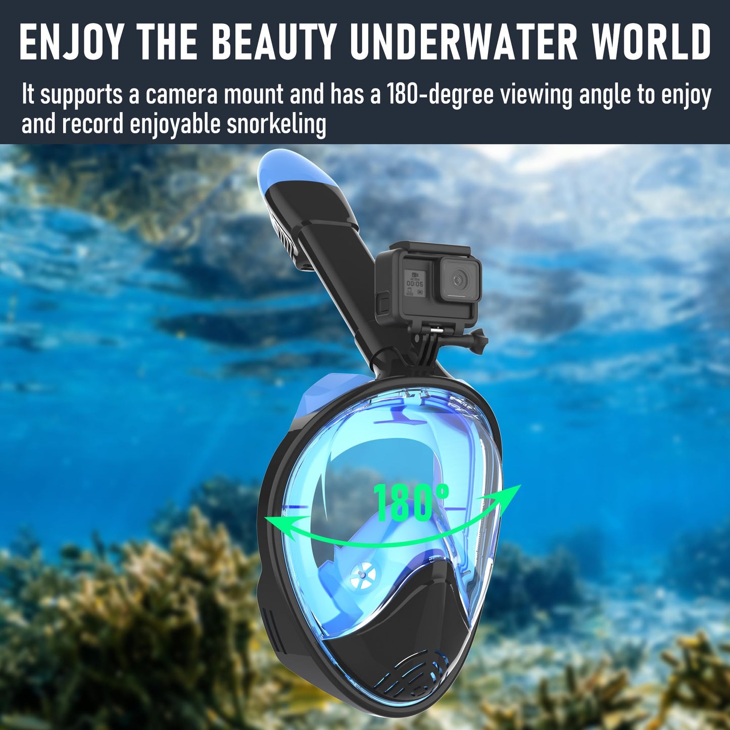 MELUMILU Full Face Snorkel Mask, Snorkeling Gear with Detachable Camera Mount,Panoramic 180° View, Anti-Fog Anti-Leak Snorkling Set for Man and Women