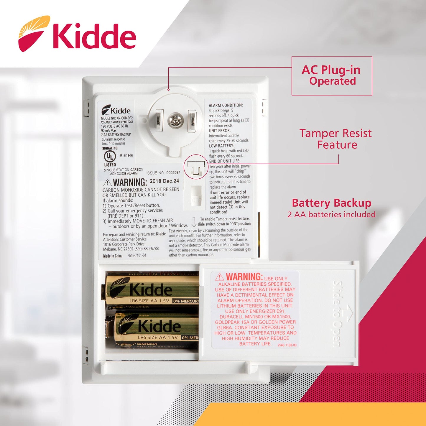 Kidde Carbon Monoxide Detector, Plug In Wall with AA Battery Backup, Test-Hush Button