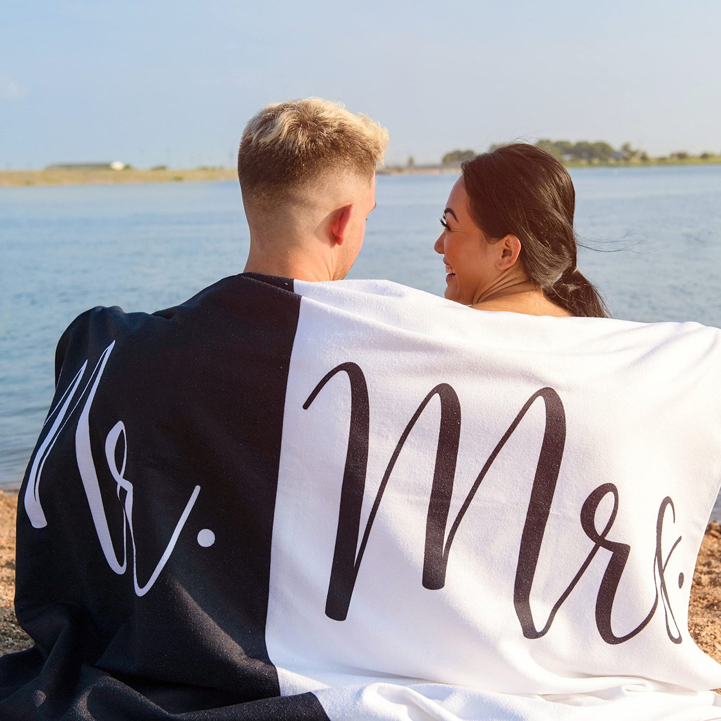 Ethisa Mr and Mrs Beach Towel - Honeymoon Just Married Towel For Beach - Wedding Gift for Newlywed Couple - Shareable Bride and Groom Towel Set - Thin Travel Friendly His and Her Beach Towel - 78"x59"