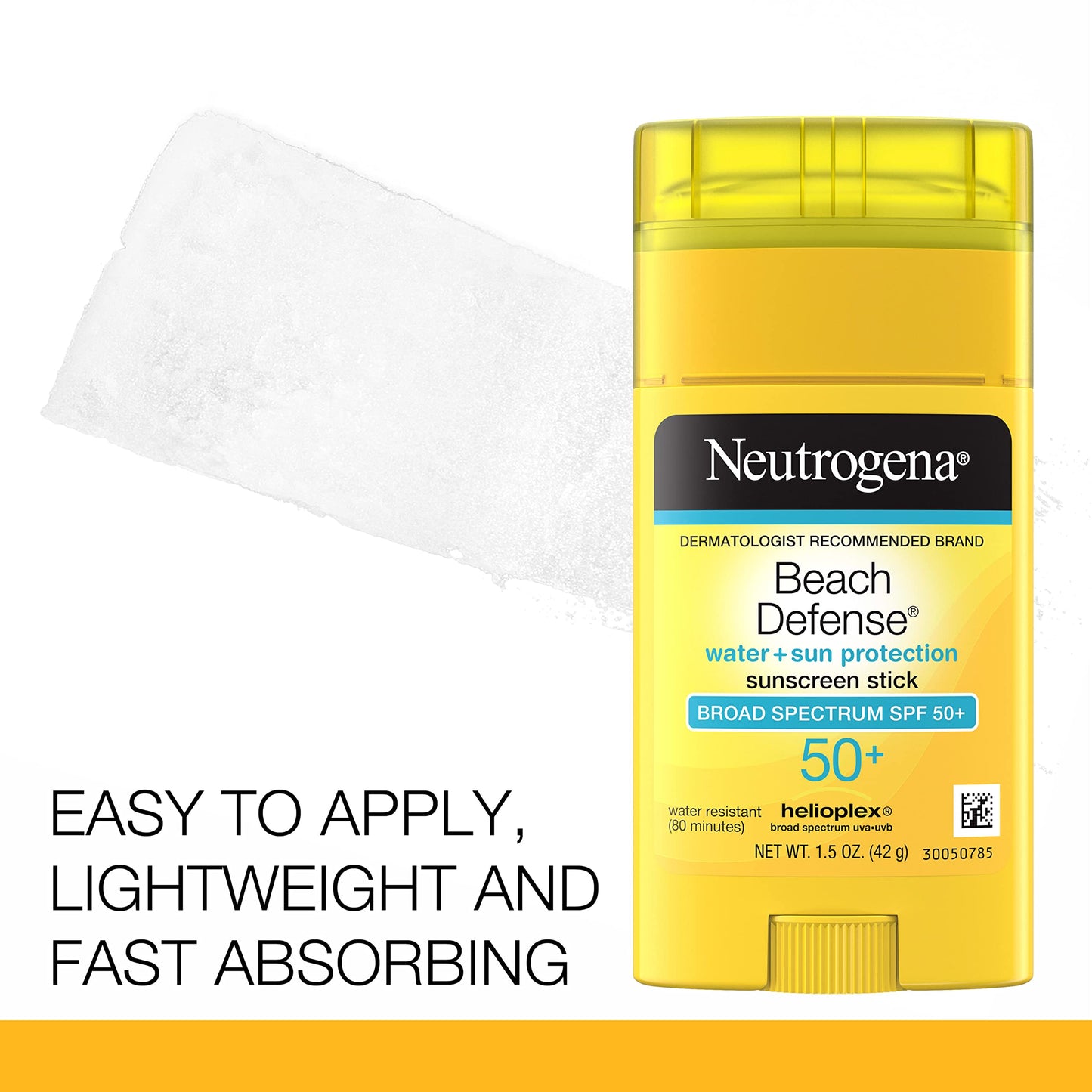 Neutrogena Beach Defense Water-Resistant SPF 50+ Sunscreen Stick, Broad Spectrum UVA/UVB Protection, PABA- & Oxybenzone-Free Face & Body Sunscreen Stick, Hands-Free Application, 1.5 oz