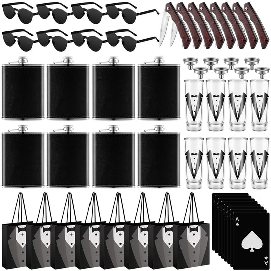 Tioncy 48 Pcs Groomsmen Proposal Gift 8 Engraved Pocket Knife 8 Groomsmen Gift Bags 8 Shot Glasses with Tuxedos 8 oz Stainless Steel Hip Flask 8 Poker Card Bottle Opener 8 Sunglasses