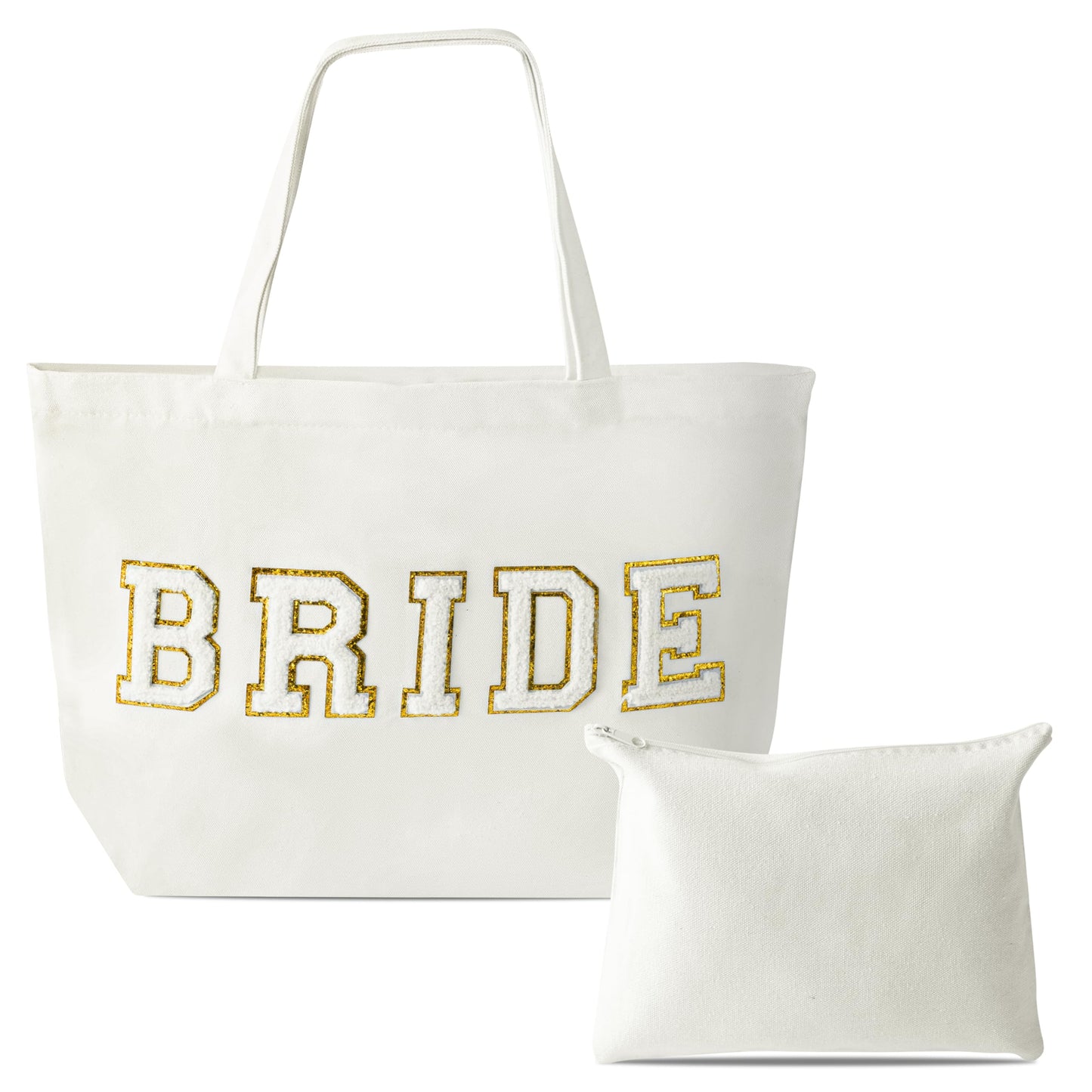 B1ykin 2Pcs Bride Chenille Letter Patches Canvas Tote Bag, White Bridal Shower Honeymoon Wedding Gift Bag with Zipper Pocket, Travel Handbag Zipper Pouch for Women Engagement Bachelorette Party