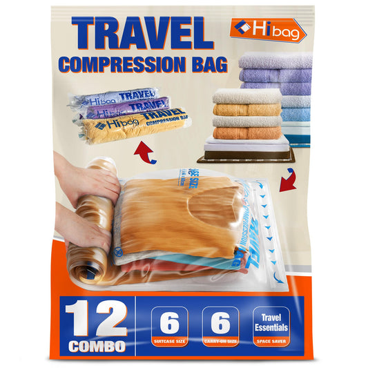 HIBAG 12 Compression Bags for Travel, Vacuum Packing Space Saver Zipper Bags for Cruise Accessories (12-Travel)