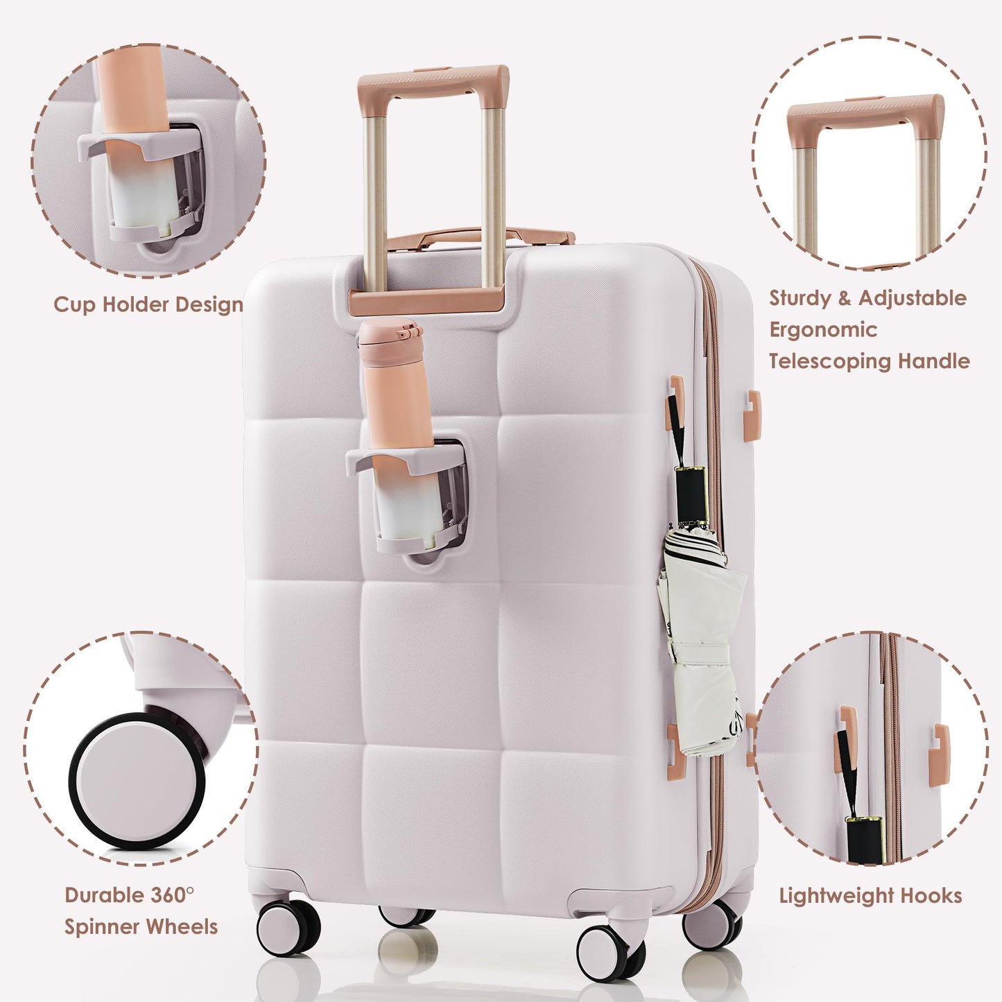 Merax USB Port 3pc Hardside Luggage Sets Spinner Wheel Suitcase, Cinnamon Color, 20/24/28 Inch
