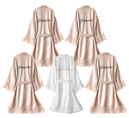 UrHot 5 Pcs Bridesmaid Kimono Robe sets Bride Silky Wedding Day Bathrobe with Lace Trim Embroidered Getting Ready