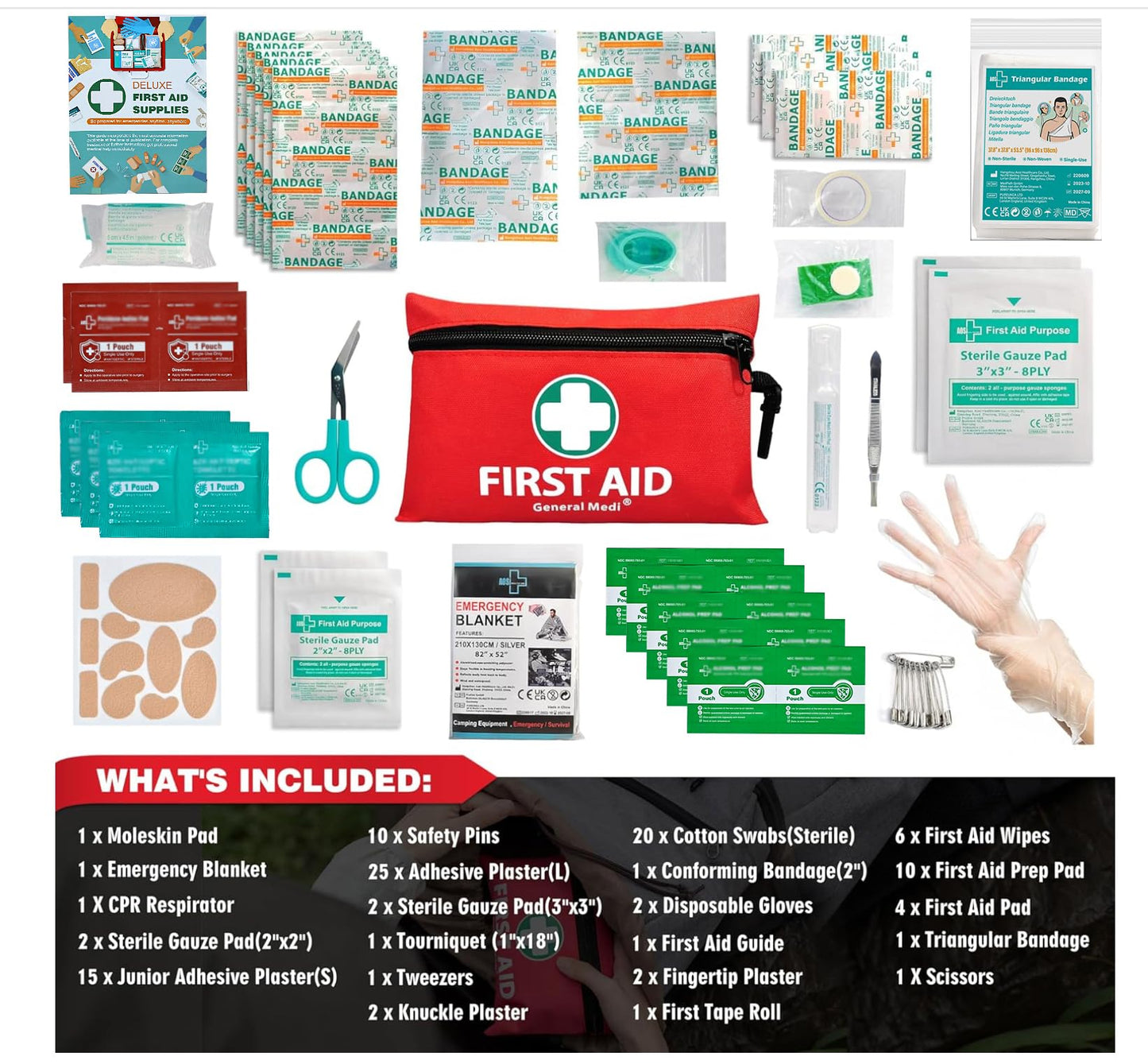 General Medi Mini First Aid Kit, 110 Piece Small First Aid Kit - Includes Emergency Foil Blanket, Scissors for Travel, Home, Office, Vehicle, Camping, Workplace & Outdoor (Red)