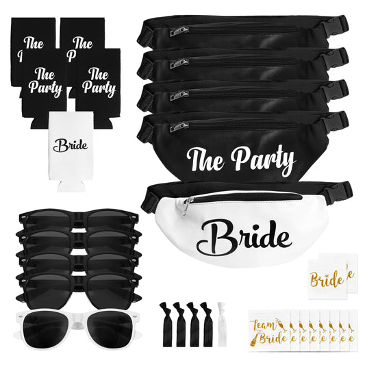 30 pc Black Bachelorette Party Favors, Accessories - Bachelorette Fanny Packs & Bride Fanny Pack - Bachelorette Party Kit with Sunglasses, Koozies, & Bridal Accessories (Black)
