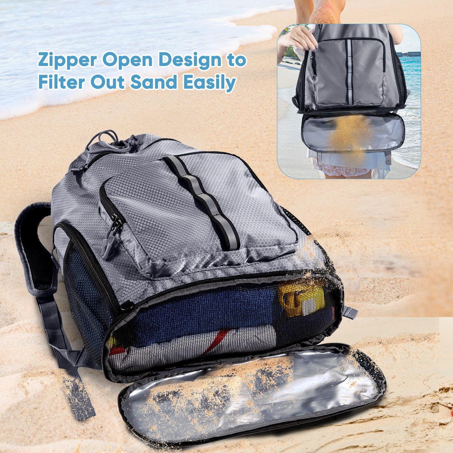 Large Beach Backpack Waterproof Sandproof - Customized Oversized Beach Bag with Shoe Compartment - Pool Bag Backpack with Pockets for Toiletries - Drawstring Backpack for Beach, Pool and Travel