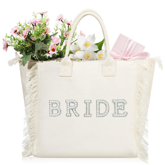 Huhumy Bride Tote Bag Bride Shower Wedding Gift Pearl Rhinestone Honeymoon Beach Tote Bag for Engagement Bachelorette Party(Bride)