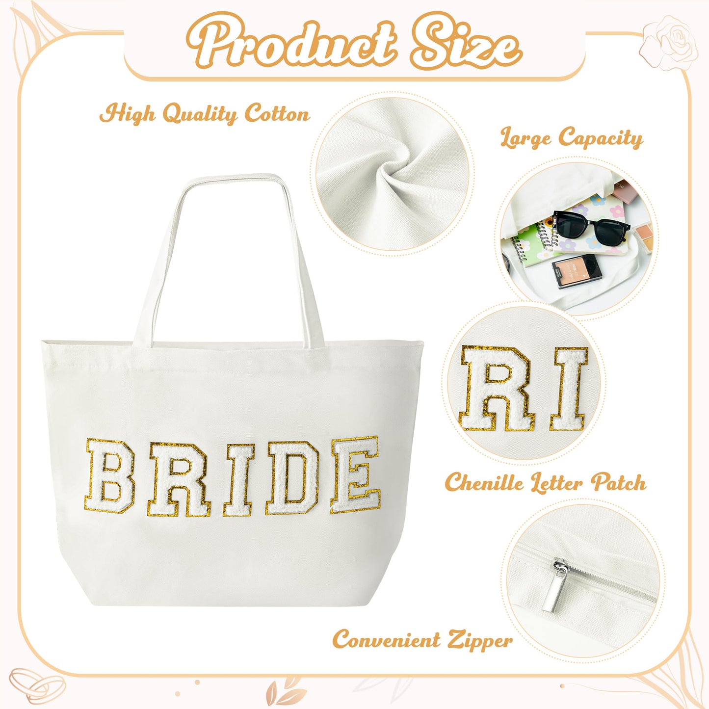 B1ykin 2Pcs Bride Chenille Letter Patches Canvas Tote Bag, White Bridal Shower Honeymoon Wedding Gift Bag with Zipper Pocket, Travel Handbag Zipper Pouch for Women Engagement Bachelorette Party