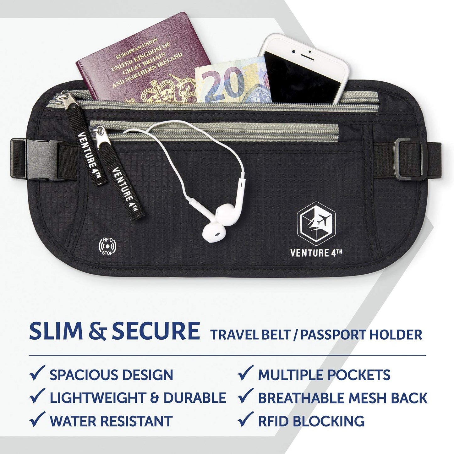 Slim Minimalist Design Money Belt, RFID Blocking for Men & Women - Ideal for Keeping Your Cash, Credit Card, Passport, Phone Safe When Traveling (Black)