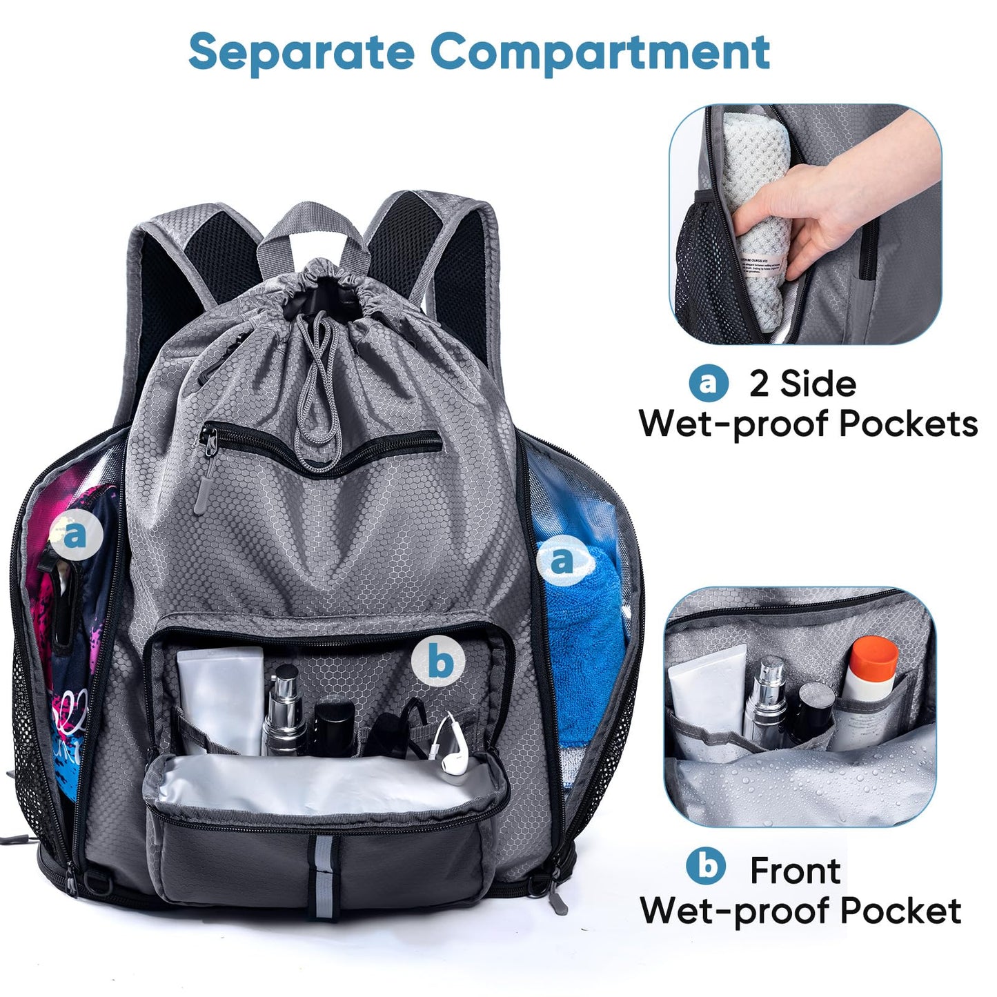 Large Beach Backpack Waterproof Sandproof - Customized Oversized Beach Bag with Shoe Compartment - Pool Bag Backpack with Pockets for Toiletries - Drawstring Backpack for Beach, Pool and Travel