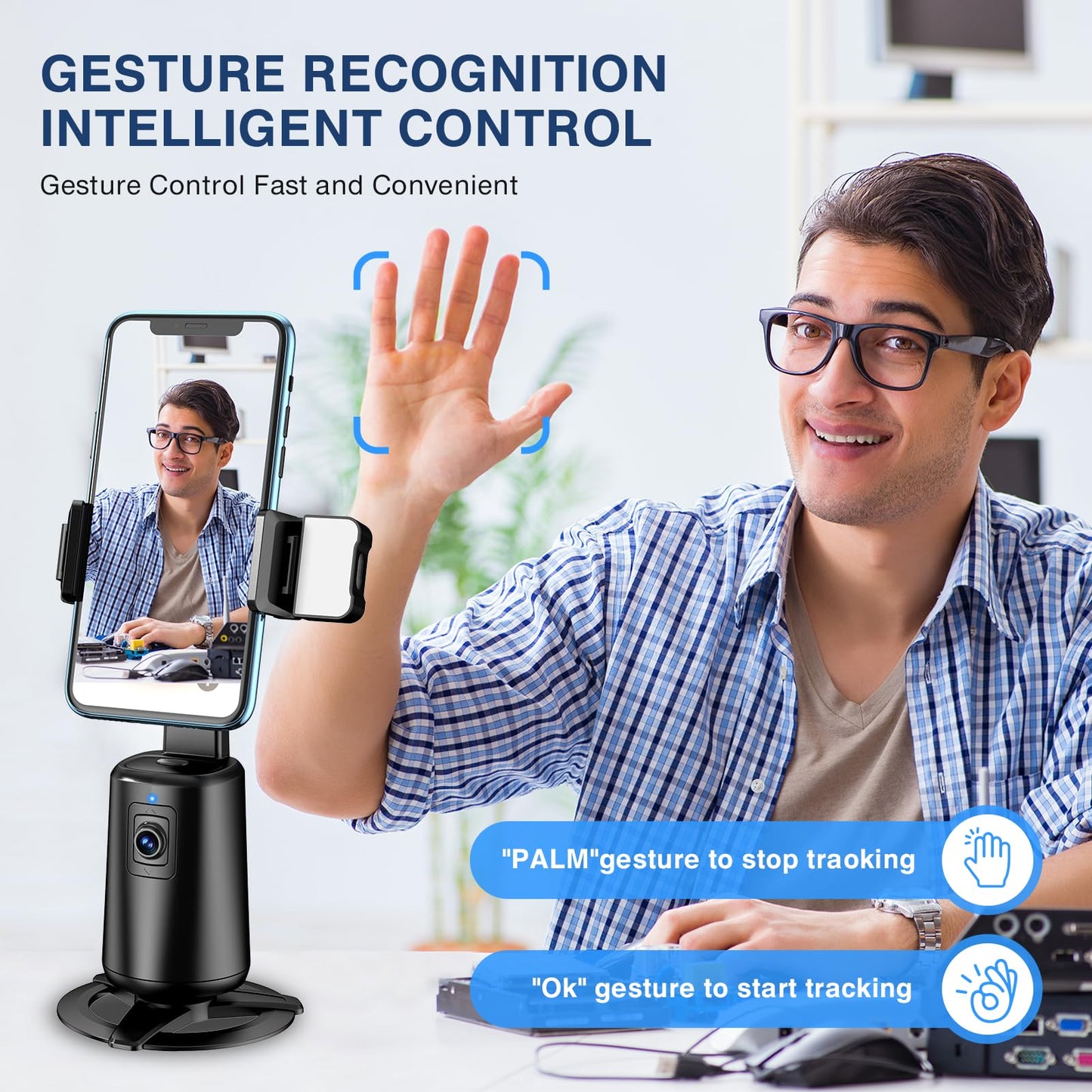 Auto Face Tracking Tripod 360° Rotating Auto Tracking Phone Stand, No App, Phone Camera Stand with Remote and Gesture Control, Rechargeable Smart Shooting Stand for Live Video Recording Tiktok（Black）