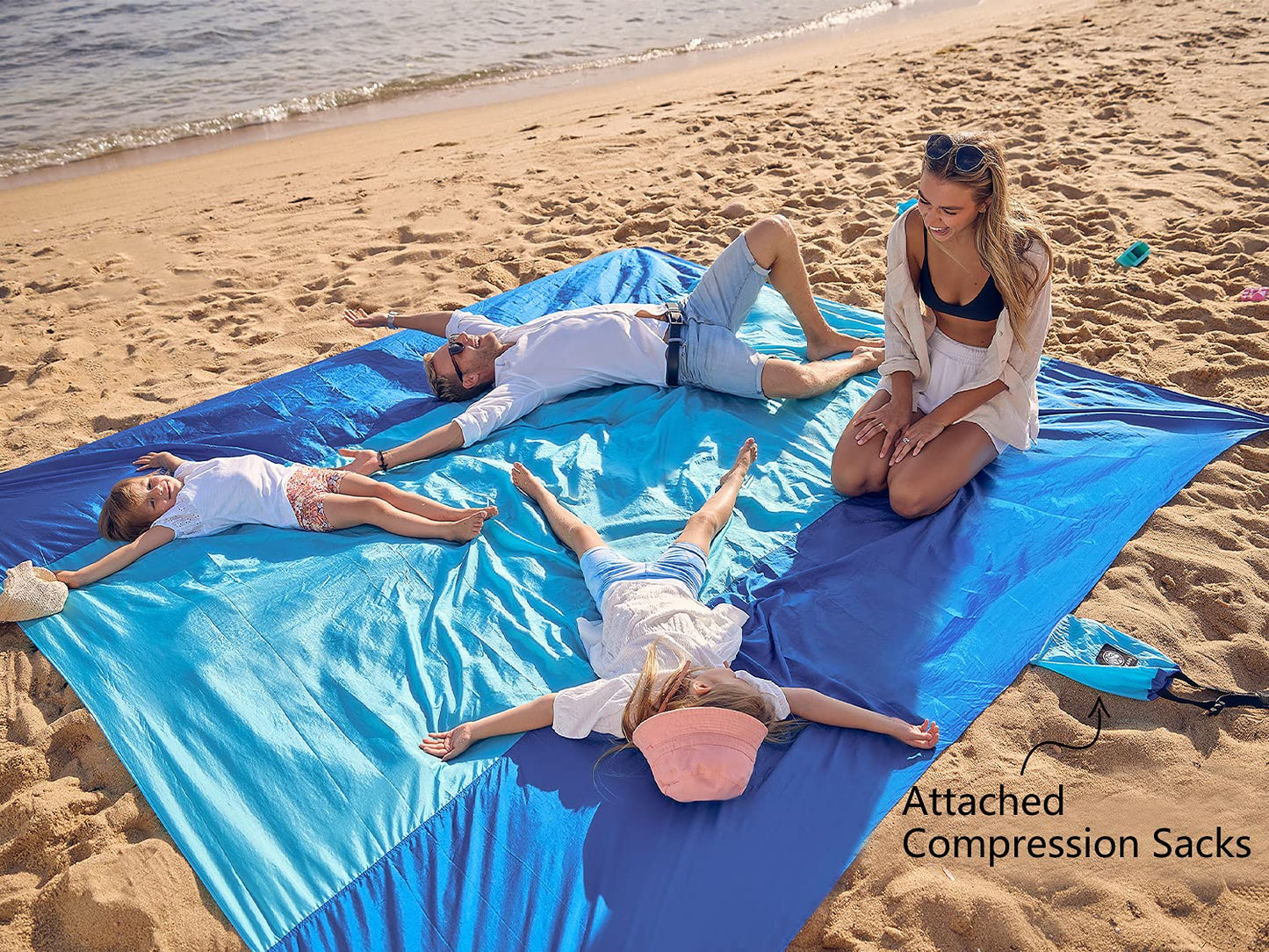 Wekapo Beach Blanket Sandproof, Extra Large Oversized 10'X 9' for 2-8 Adults, Big & Compact Sand Free Mat Quick Drying, Lightweight & Durable with 6 Stakes & 4 Corner Pockets